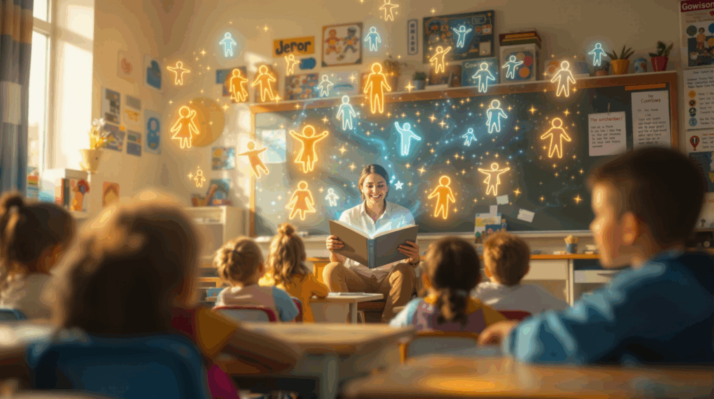 Teacher telling a story to classroom