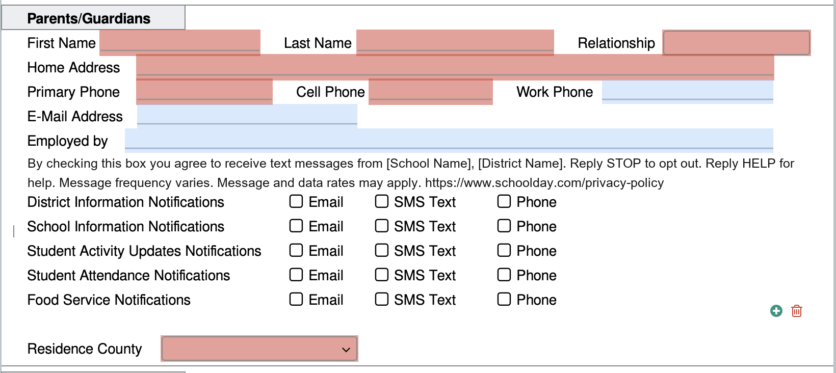 By checking this box you agree to receive text messages from [School Name], [District Name]. Reply STOP to opt out. Reply HELP for help. Message frequency varies. Message and data rates may apply. https://www.schoolday.com/privacy-policy